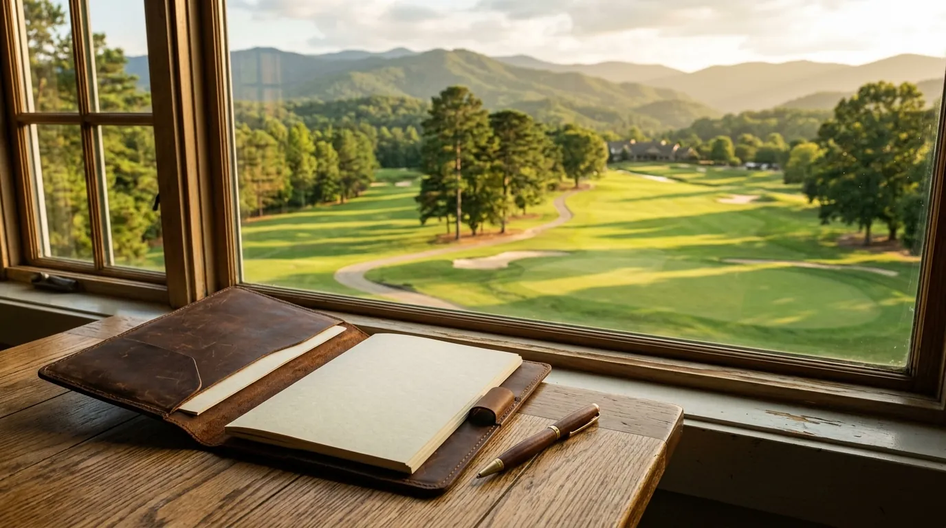 An open leather folder and pen rest on a table beside a window overlooking a sun-dappled, manicured golf fairway