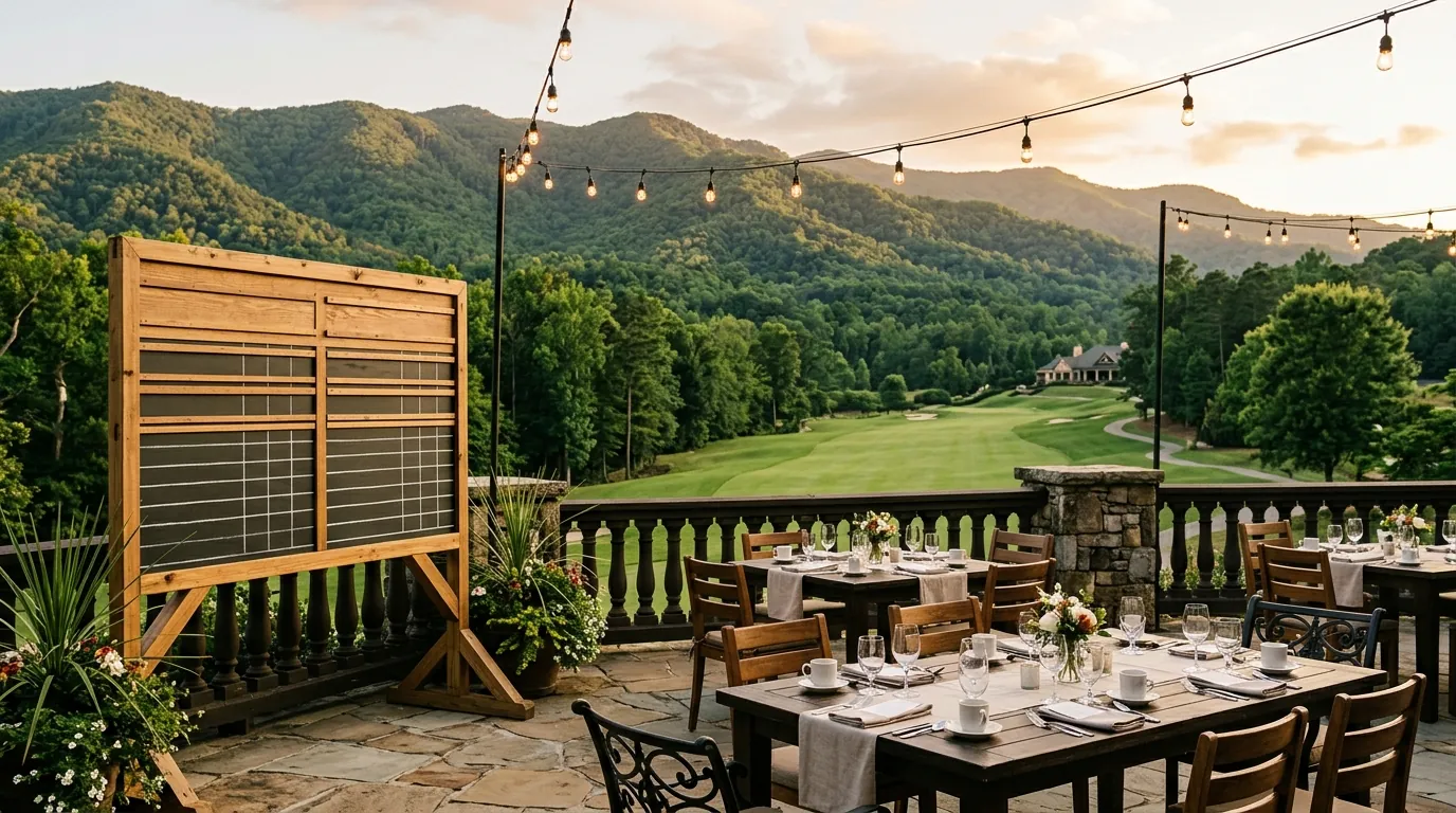 A sunlit patio with set dining tables and a tournament leaderboard, overlooking a manicured golf fairway under warm evening string lights
