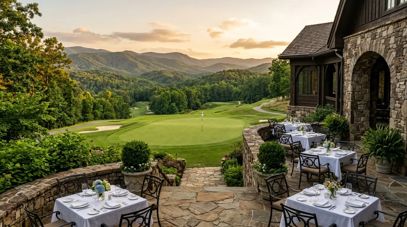 An elegant stone clubhouse patio with dining tables overlooking a manicured golf green framed by rolling, forested mountain ridges