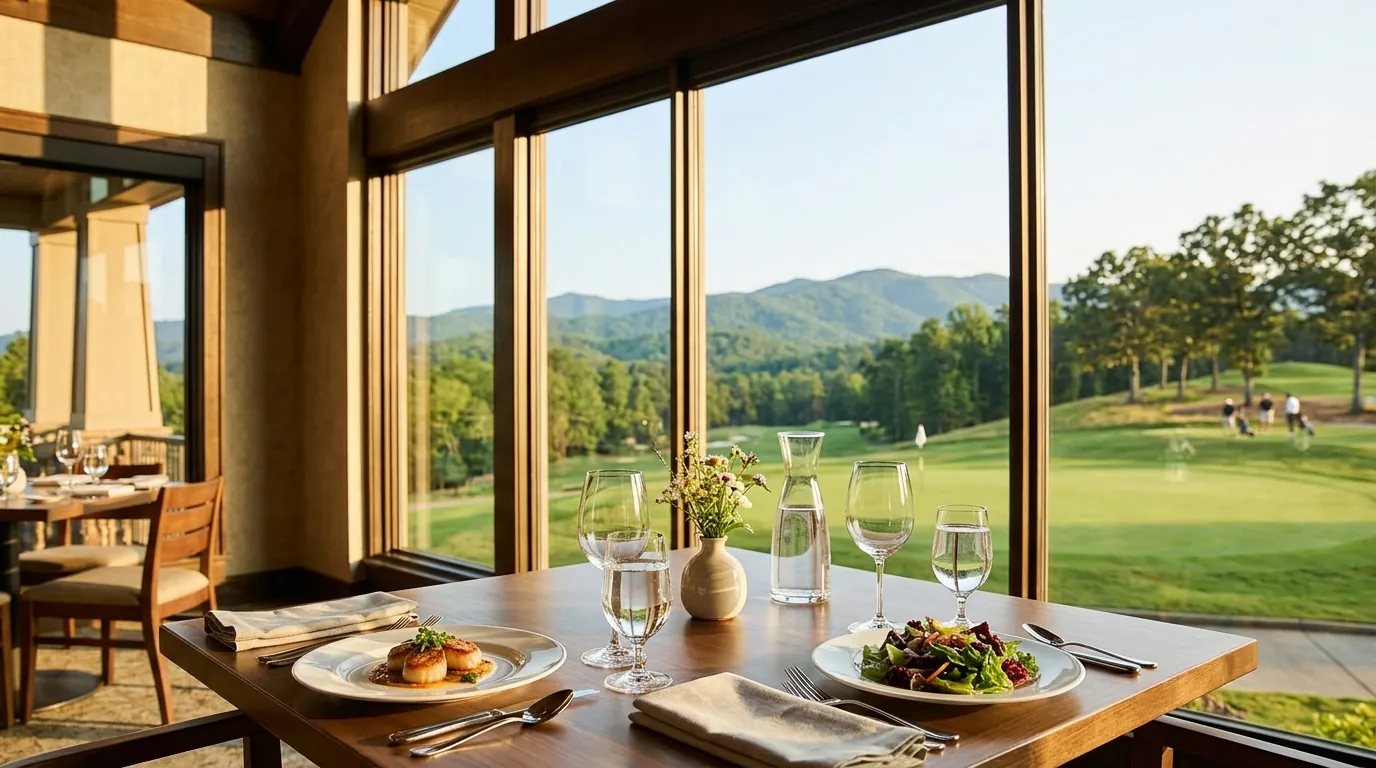 A sunlit dining table elegantly set with glassware and plated meals, positioned beside large windows overlooking a manicured golf green