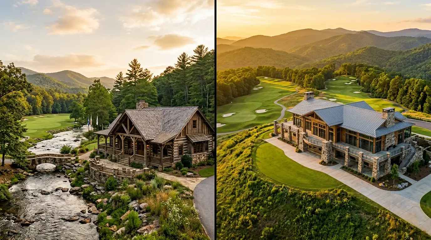 A split-screen photograph contrasting a rustic timber-framed golf clubhouse beside a mountain river with a grand, modern stone clubhouse on a hilltop