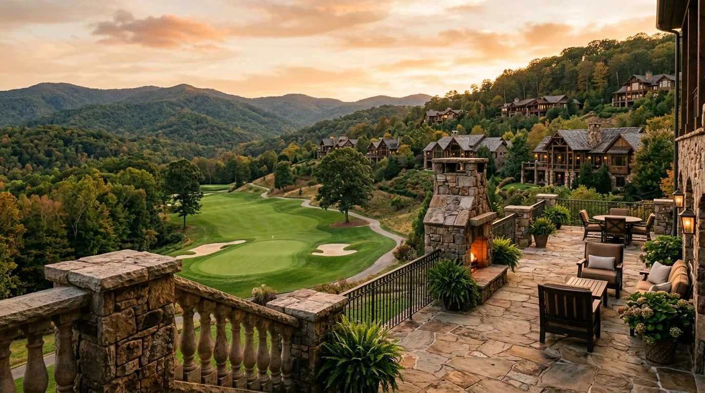 A grand stone patio overlooking a manicured golf green, with luxurious rustic homes nestled along forested, rolling hillsides in the background