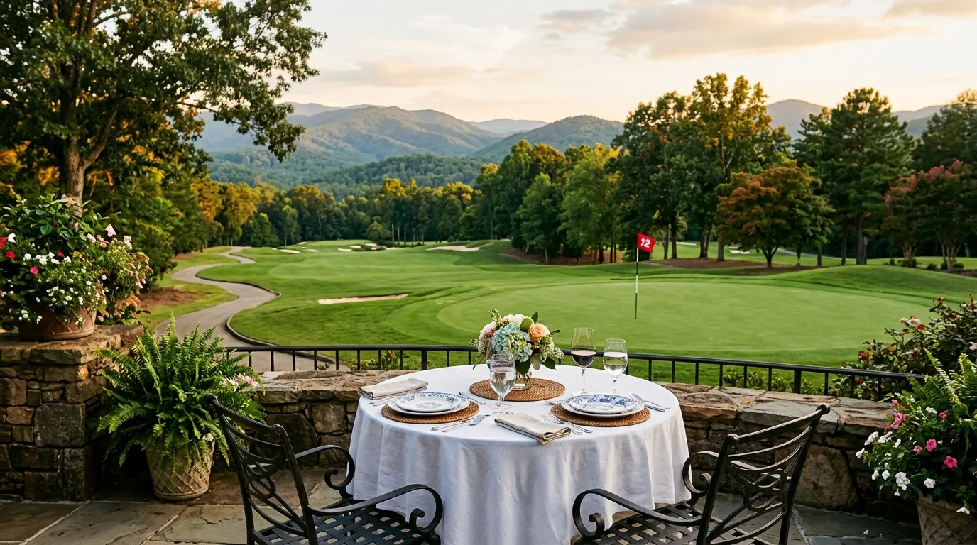 A sunny patio table set for dining overlooks a lush golf green with a flag, against a backdrop of distant, rolling hills
