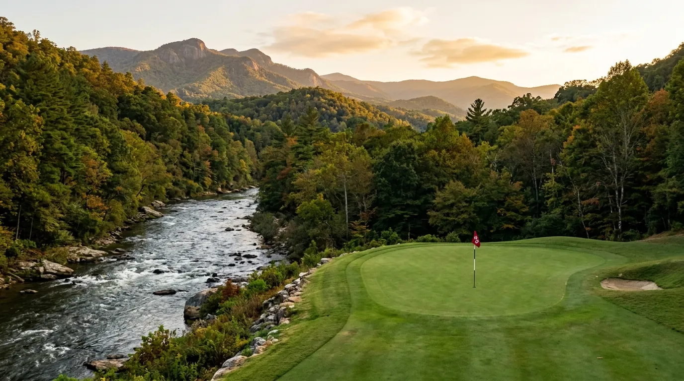 A pristine golf green with a flagstick sits beside a rushing river, surrounded by lush forest and rolling mountain peaks