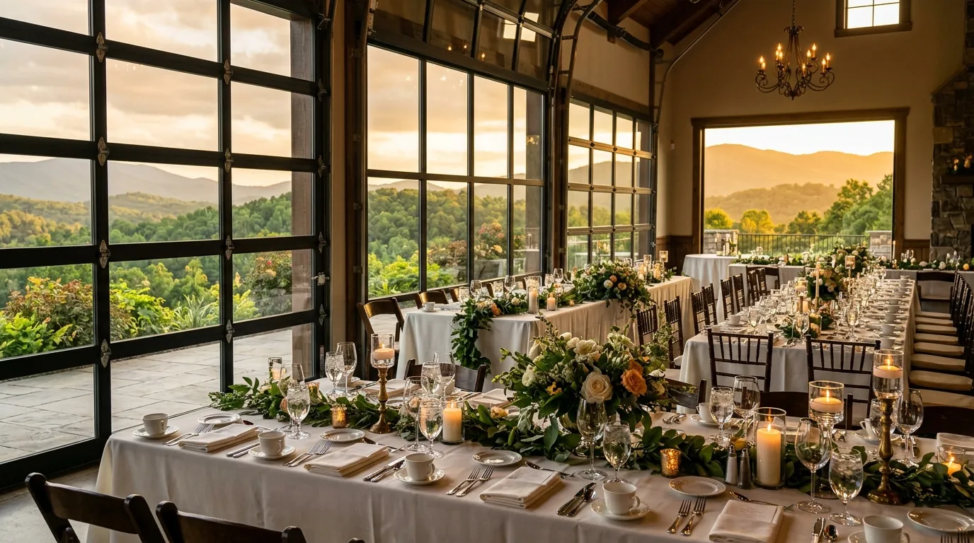 Elegantly set banquet tables with sparkling glassware stand before large glass doors framing rolling green hills under a warm sunset glow