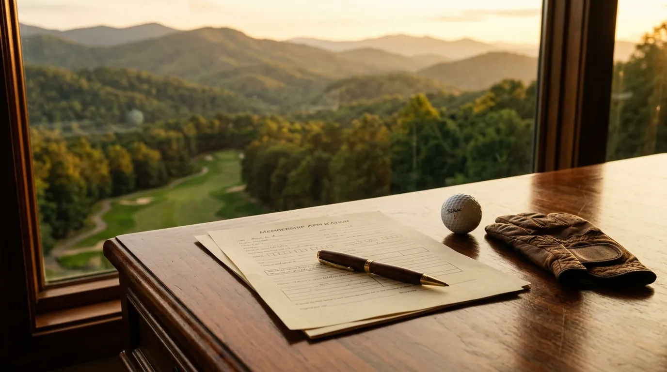 A pen rests on a membership application document with a golf ball and leather glove on a polished wooden desk