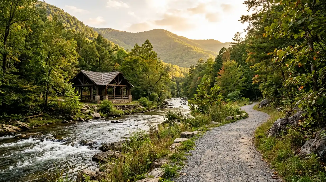 A sunlit gravel walking path winding beside a rushing river, featuring a wooden picnic pavilion framed by forested mountain scenery