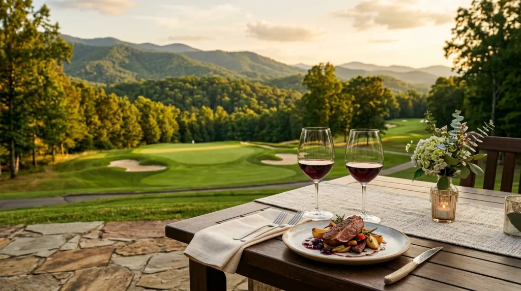 Wine glasses and gourmet plates set on a sunny patio table overlooking a manicured golf green framed by rolling mountain trees