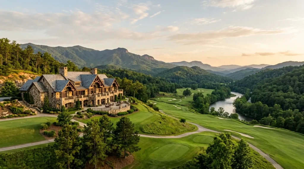 A grand stone clubhouse overlooking manicured golf greens, a winding river, and rolling forested mountain peaks in the distance