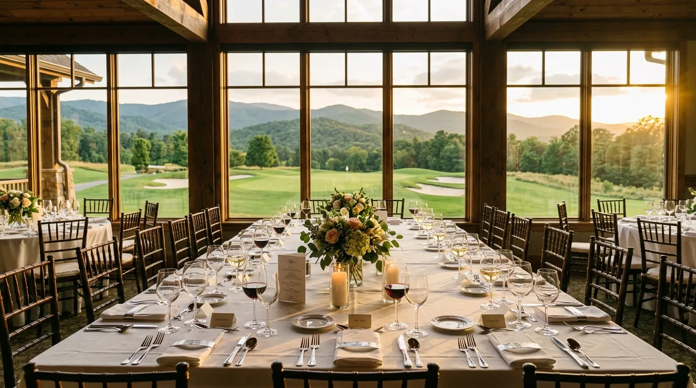 An elegantly set banquet table with wine glasses sits by large windows overlooking a manicured golf green and distant rolling hills