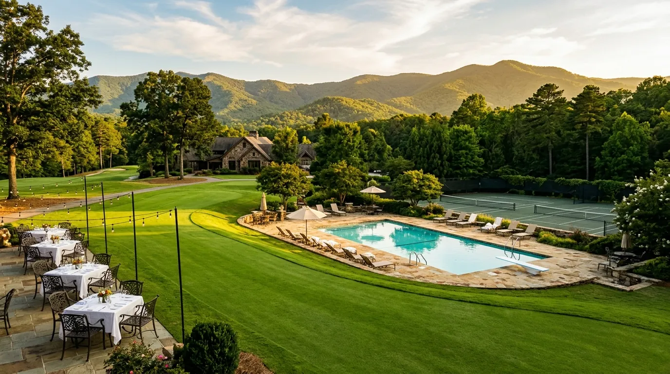 A lush golf course fairway framing a sparkling outdoor swimming pool, adjacent tennis courts, and a sunlit patio set for dining