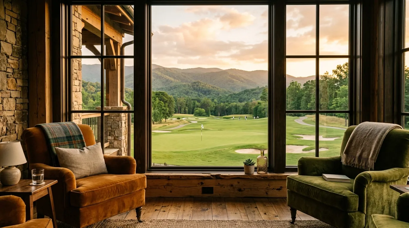 Plush armchairs inside a brightly lit lounge frame large windows overlooking a manicured golf course green and rolling hills outdoors