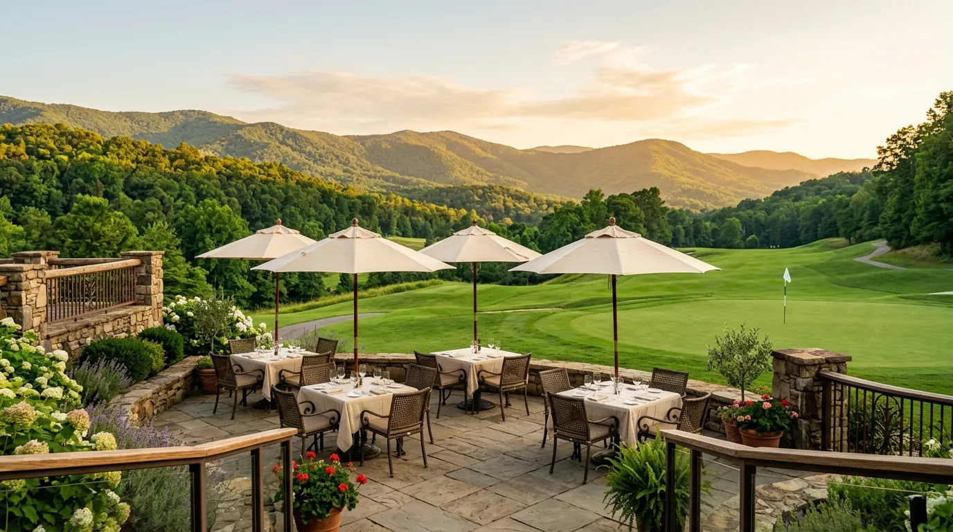 A stone patio with elegant outdoor dining tables and umbrellas overlooking a lush, rolling golf green under a clear sky